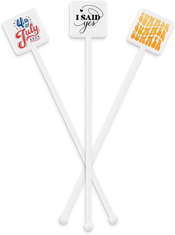 7.5" Custom White Square-Top Flat Stemmed Stirrer – Personalized Plastic Drink Stirrers with Full-Color Print – Sleek & Modern for Events, Bars, and Promotions – 50 Pack