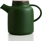Yundu 1500ml / 50 oz Ceramic Teapot with Infuser & Wood Lid - Matte Green, Loose Leaf Tea Pot with Removable Strainer, Large Capacity