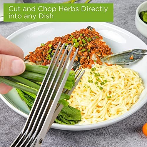Herb Scissors SaladScissors, Upgrade HerbScissors with 5 Blades and Cover + 2 Brush, Kitchen SaladScissors with Herb Stripping, MultiScissors HerbCutter, Smart Cutter FoodScissors Chopper, Green