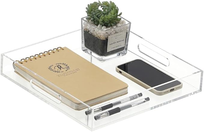 Clear Sturdy Acrylic Serving Tray with Handles-12x12 Inch-Serving Coffee,Appetizer,Breakfast,Butler-Kitchen Countertop Makeup Drawer Organizer-Vanity Table,Ottoman Tray