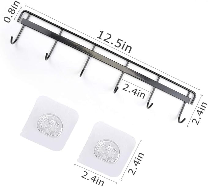 YiZhi Adhesive Wall Hooks Rack Kitchen Rail, Space Saving Utensil Holder No Drilling Wall Mounted Accessory Hanger with 6 Hooks for Kitchen Bathroom Bedroom Pack of 2 (Black)