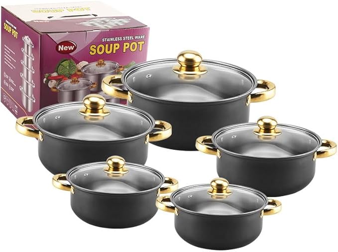 10PCS Stainless Steel Cookware Sets Nonstick Cookware Pot Dishwasher Safe Pots with Glass Lids for Soup, Pasta, Stew, Rice, Healthy Everyday Use for Gas Electric Halogen Ceramic Induction Hobs 08