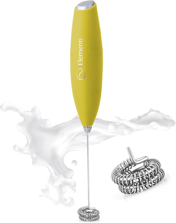 Elementi Milk Frother Handheld Double Whisk - Coffee Frother, Electric Stirrer & Matcha Whisk - Handheld Drink Mixer for Coffee (Yellow)