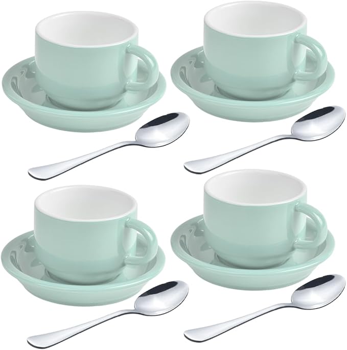 homEdge Premium Espresso Shot Cups and Saucers Set with Espresso Stainless Steel Spoons - 2.5 oz, Set of 4, Mint Green