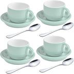 homEdge Premium Espresso Shot Cups and Saucers Set with Espresso Stainless Steel Spoons - 2.5 oz, Set of 4, Mint Green