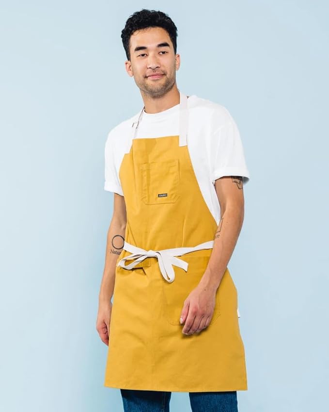 Caldo Daily Cotton Kitchen Apron for Cooking- Mens and Womens Professional Chef or Server Bib Apron - Adjustable Straps with Pockets and Towel Loop (Mustard)