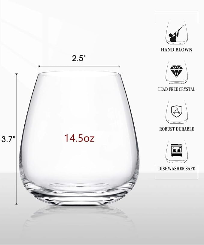 Stemless Wine Glasses Set of 6, 14.5oz Hand Blown Crystal Red White Wine Glass, Ideal for Daily Use and Special Days, Perfect Gifts for Both Men and Women