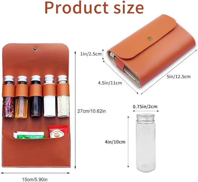 BY-J Camping Spice Kit with 5 Jars, Foldable Leather Spice Holder Seasoning Storage Bag, Condiment Container Set for Outdoor Picnic BBQ, Waterproof Travel Seasoning Container, Red