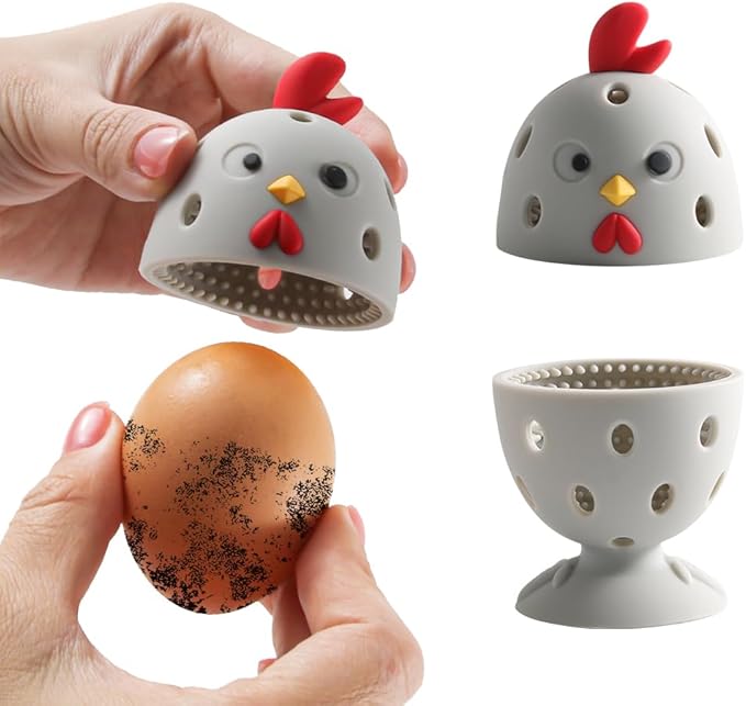 Egg Brush Cleaner, 2PCS Silicone Egg Cleaner Scrubber for Fresh Eggs, Multipurpose Fruit and Vegetable Rotating Scrubber Tool for Fresh Eggs, Cute Reusable Chicken Egg Washer Brush (Grey)