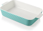 Sweejar Ceramic 13 x 9 Baking Pan, Cake Baking Dish for Brownie, Porcelain Striped Casserole Dishes for Oven with Handle for Lasagna, Family Dinner(Turquoise)