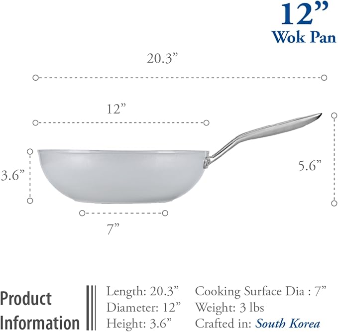 TECHEF - CeraTerra 12" Ceramic Nonstick Wok/Stir-Fry Pan with Glass Lid, (PTFE and PFOA Free Ceramic Exterior & Interior), Made in Korea (12-in with lid)