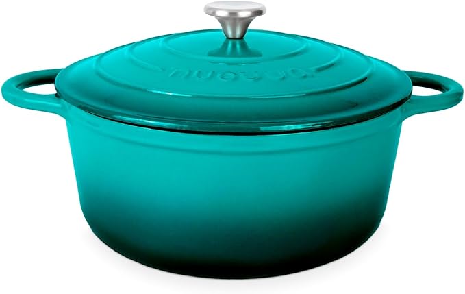 Cast Iron Dutch Oven with Lid – Non-Stick Ovenproof Enamelled Casserole Pot – Sturdy Dutch Oven Cookware – Teal, 5-Quart, 24cm – by Nuovva