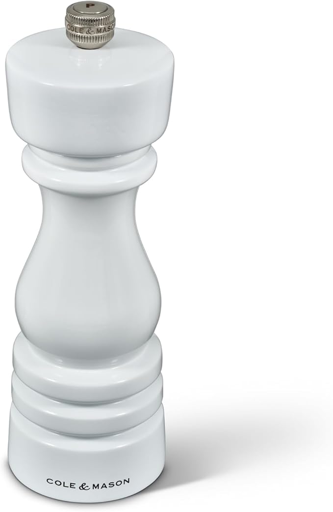 Cole & Mason London Refillable Spice Mill - Kitchen & Home Accessory - Table Black Pepper Grinder - Pepper Mill with Carbon Steel Mechanism - 7", White Gloss