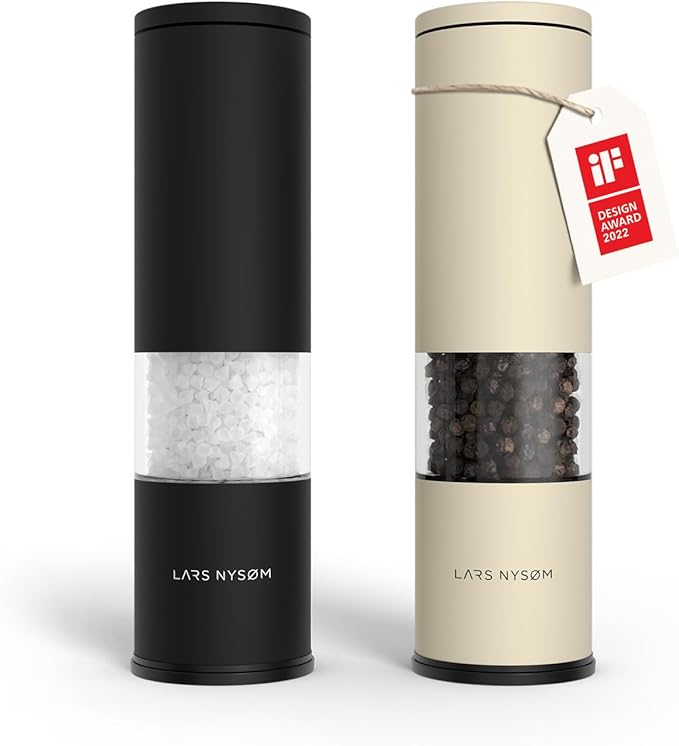 LARS NYSØM Salt and Pepper Grinder Set Manual, Stainless Steel Salt and Pepper Mills with Adjustable Ceramic Grinder I Design Spice Shakers (Black/Beige)