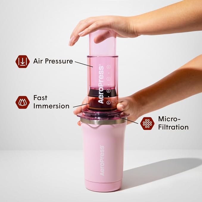 AeroPress Go Plus, Small Portable Coffee Maker Kit, Travel, Camping & Office, All-in-One French Press, Pour-Over & Espresso-Style Manual Brewer, 2 Min Brew for Less Bitterness, More Flavor, Pink