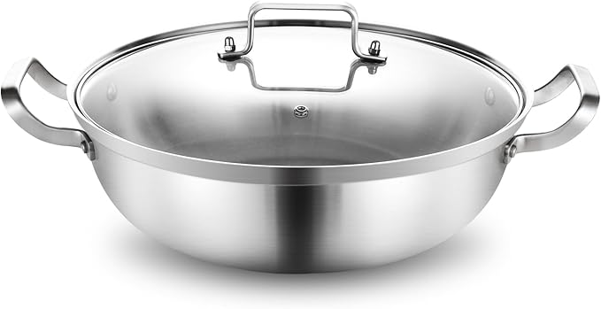 DELARLO Tri-Ply Stainless Steel 14 inch Everyday pan With lid, Everything Pan, Durable Deep Saute Pan, 7QT Induction Cooking Pot,Woks & Stir-Fry Pans Oven Safe Stock Pot