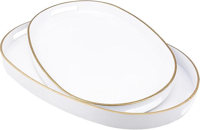 White Oval Decorative Tray with Handles, Set of 2 Versatile Nesting Trays for Patio Table, Ottoman, Ideal for Serving, Displaying, Organizing
