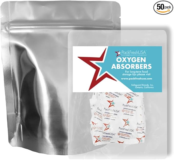 50 Pack - 7 Mil - Pint Seal-Top Stand Up Mylar Bags - 100cc Oxygen Absorbers - Heat Seal - Long-Term Food Storage