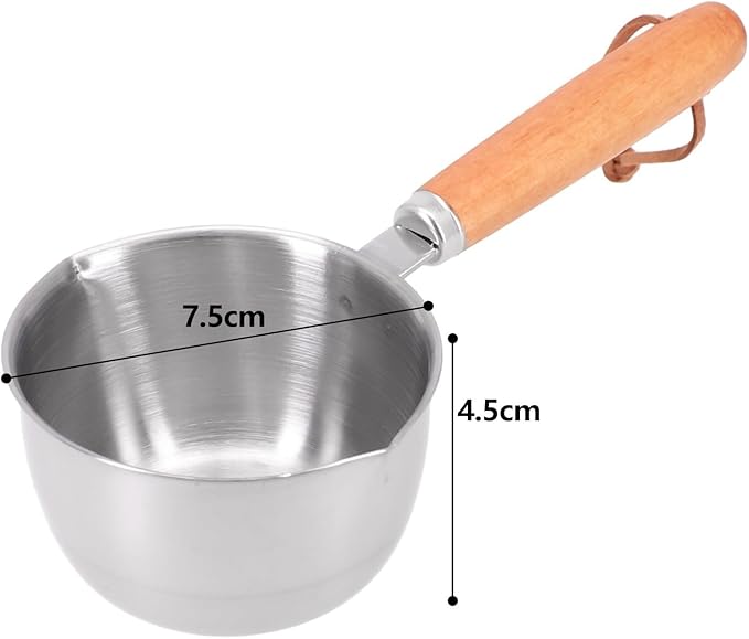 Mini Butter Melting Pot, Stainless Steel Hot Oil Pan Milk Butter Warmer with Wooden Handle Dual Pour Spout Small Sauce Pan Sauce Serving Pots(150ml)