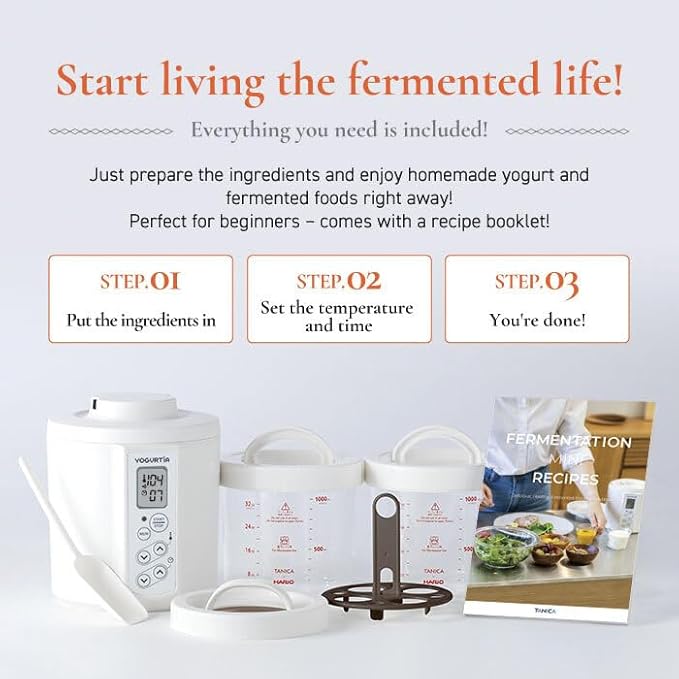 [TANICA] YOGURTiA Fermented Food Maker (1.1L, White, Made in Japan) - Yogurt, Miso, Amazake, Soy Sauce Koji, 2 Glass Pots + Onsen Eggs Stand + Recipes