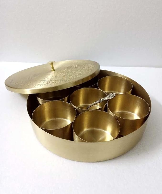Hammered Pattern Handcrafted Brass Masala/Spice Box Set With Spoon Container 90 ML-Food Spice Storage Rack Indian Boxes Dani Dabba For Kitchen (8-INCH)