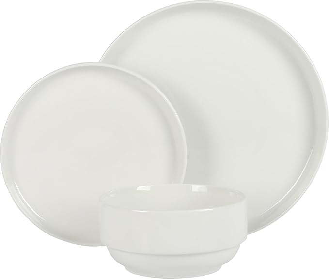 Gibson Home Rothernberg 18-Piece Stackable Porcelain Dinnerware Set, Service for 6 – White Plates and Bowls, Microwave & Dishwasher Safe