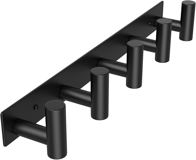 Wall Mounted Coat Rack-5 Hooks, Heavy Duty Stainless Steel Hook Rail for Towel Coat Hat Purse Bag Jacket, Towel Hooks for Entryway Bathroom Kitchen (Black 5 Hooks - 1 Pack)