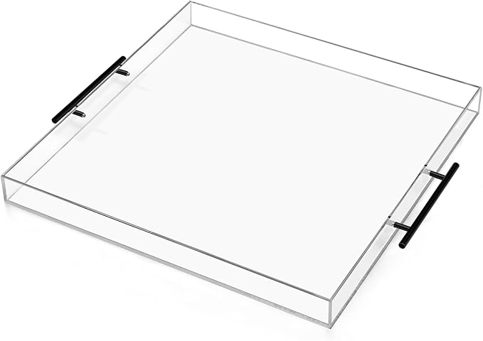 24×21 inches Oversized Clear Acrylic Ottoman Tray with Black Metal Handle and Safe Edge Extra Large Spill-Proof for Serving,Decorative King-Size Organizer Tray for Coffee Table Countertop