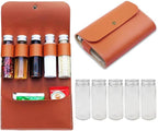 BY-J Camping Spice Kit with 5 Jars, Foldable Leather Spice Holder Seasoning Storage Bag, Condiment Container Set for Outdoor Picnic BBQ, Waterproof Travel Seasoning Container, Brown