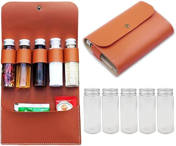 BY-J Camping Spice Kit with 5 Jars, Foldable Leather Spice Holder Seasoning Storage Bag, Condiment Container Set for Outdoor Picnic BBQ, Waterproof Travel Seasoning Container, Brown