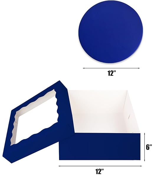 qiqee 12x12x6 Cake Box, 18 Sets Deep Blue Cake Box with Window ＆ 18 Sets 12" Deep Blue Cake Round Boards, 12inch Cake Containers