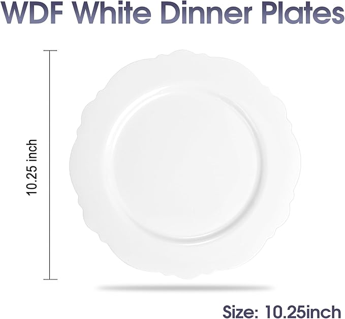 WDF 60pcs White Plastic Plates -10.25inch Baroque White Disposable Dinner Plates for Upscale Parties/Wedding