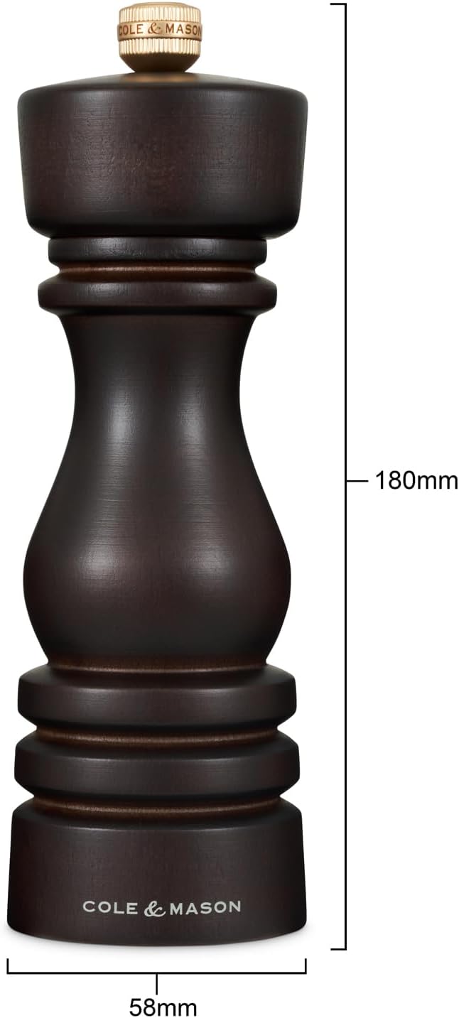 Cole & Mason London Refillable Spice Mill - Kitchen & Home Accessory - Table Black Pepper Grinder - Pepper Mill with Carbon Steel Mechanism - 7", Chocolate Wood
