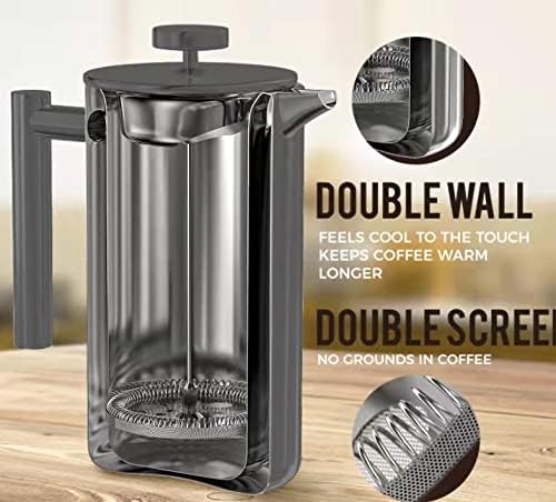 French Press Coffee Maker (1.5L)-Gray Color-Double Walled Large Coffee Press with 2 Extra Filters-Enjoy Granule-Free Coffee, Stylish Rust Free Kitchen Accessory-Stainless Steel