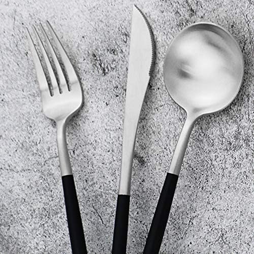 Gugrida 20-Piece 18/10 Stainless Steel Flatware Silverware, Luxury Dinnerware Set Travel Cutlery Tableware Include Knife Fork Spoon Service for 4, Dishwasher Safe (Black Handle Matte Silver)