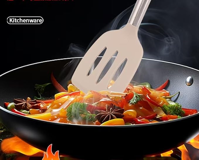 Silicone Spatulas Turners, Solid & Slotted Silicone Spatula Set, Non Stick Turners,Ailsoes Heat Resistant BPA Free Rubber Spatulas for Fish, Eggs, Pancakes, WOK，2 Pack (Khaki)