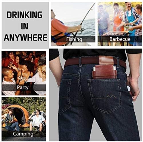 GENNISSY 8oz Hip Flask for Men - 304(18/8) Stainless Steel Bourbon Whiskey Flask, Leakproof with Brown Leather Wrap - Includes Funnel & 3 Mini Cups for Dad, Gifts, Travel