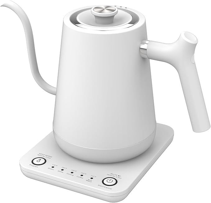 Gooseneck Electric Tea Kettle Pour-Over Kettle for Coffee, with 5 Variable Presets, 100% Stainless Steel Inner, with Keep Warm and Mute Function 0.8L, 1000W Quick Heating, Matte white