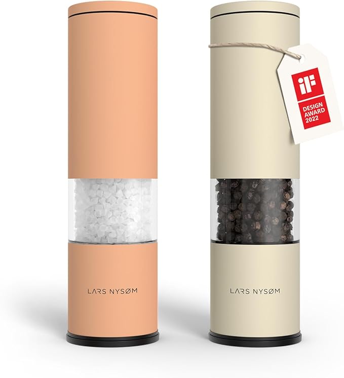 LARS NYSØM Salt and Pepper Grinder Set 2 pieces I Salt Pepper Mill with Adjustable Ceramic Grinder I Design Spice Grinder Set Manual (Peach/Beige)