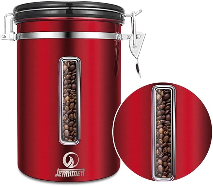 Coffee Canister - Large, Stainless Steel Airtight Coffee Containers with Transparent Window,Date Tracker, CO2-Release Valve and Measuring Scoop for Freshness of Storage Coffee (Red)