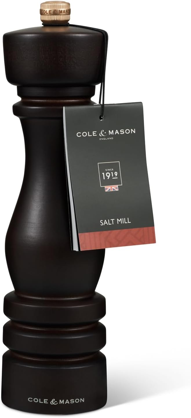 Cole & Mason London Refillable Spice Mill - Kitchen & Home Accessory - Table Salt Grinder - Salt Mill with Ceramic Mechanism - 8", Chocolate Wood