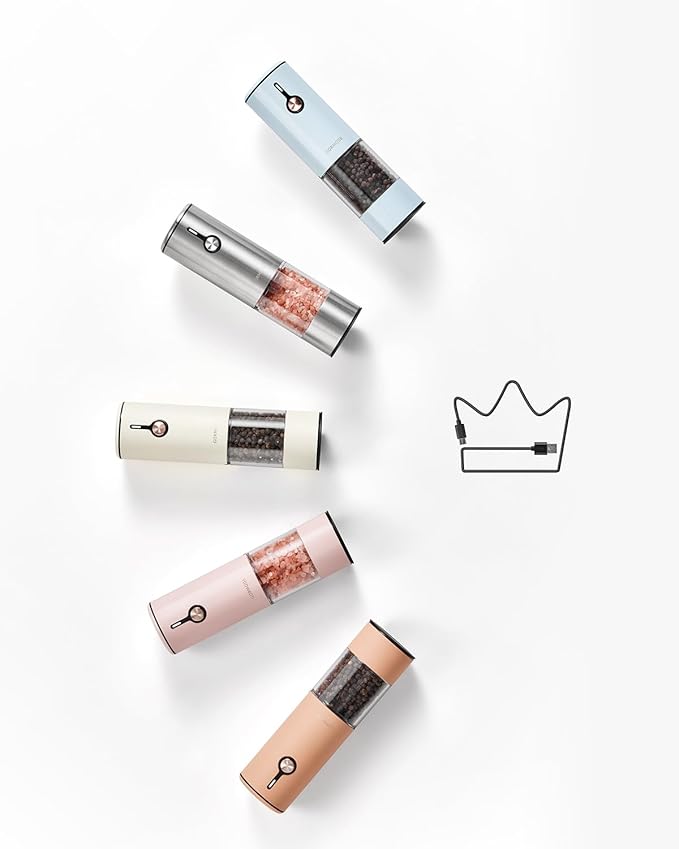 Electric Pepper Grinder and Salt Mill Set - Large Capacity USB Rechargeable Automatic Grinder with Dual LED Lights, One-Handed Operation & Slide Cover - Brushed Stainless Steel