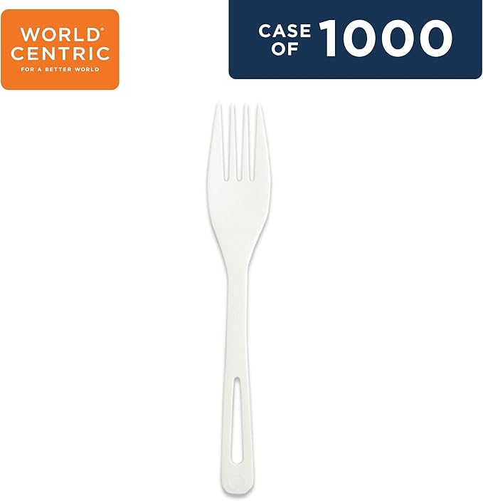 World Centric Compostable Fork 6.5" - Made from Plants and Minerals, White TPLA - 1000 Pack