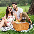 Picnic Basket Set for 2 Persons, Woven Woodchip Basket with Folding Handles & Lid, Red and White Gingham Lining Basket Set with Utensils Cutlery - Perfect for Picnic, Camping, Valentine Day, Outdoor