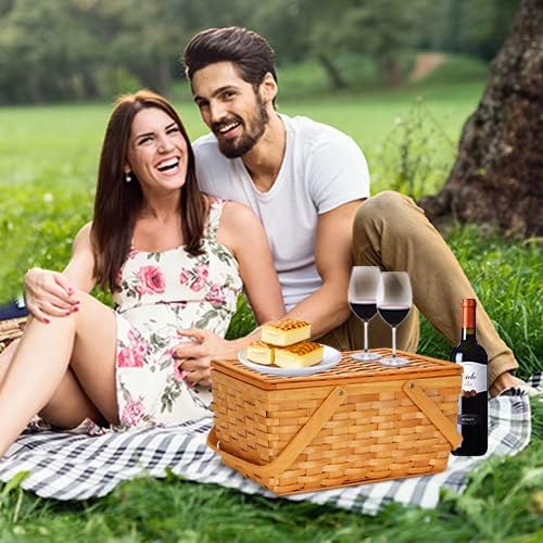 Picnic Basket Set for 2 Persons, Woven Woodchip Basket with Folding Handles & Lid, Red and White Gingham Lining Basket Set with Utensils Cutlery - Perfect for Picnic, Camping, Valentine Day, Outdoor