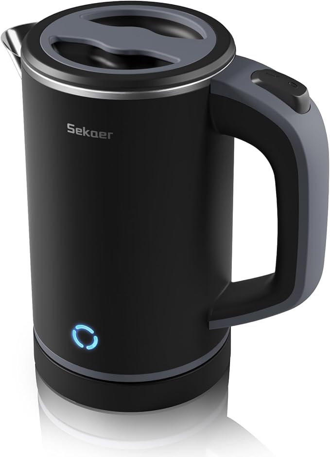 Sekaer Small Electric Tea Kettle Stainless Steel 0.8L Portable Travel Hot Water Boiler, Mini Electric Coffee Kettle with Auto Shut-Off & Boil Dry Protection, Cordless Base & LED Indicator