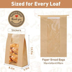 60-Pack Bread Bags for Homemade Bread Sourdough Bread Bags with Tin Tie Tab Lock, Kraft Paper Bakery Bag with Window and Label Seal Stickers for Packaging Baked Food Bread Storage (13.7''x8.2''x3.5'')