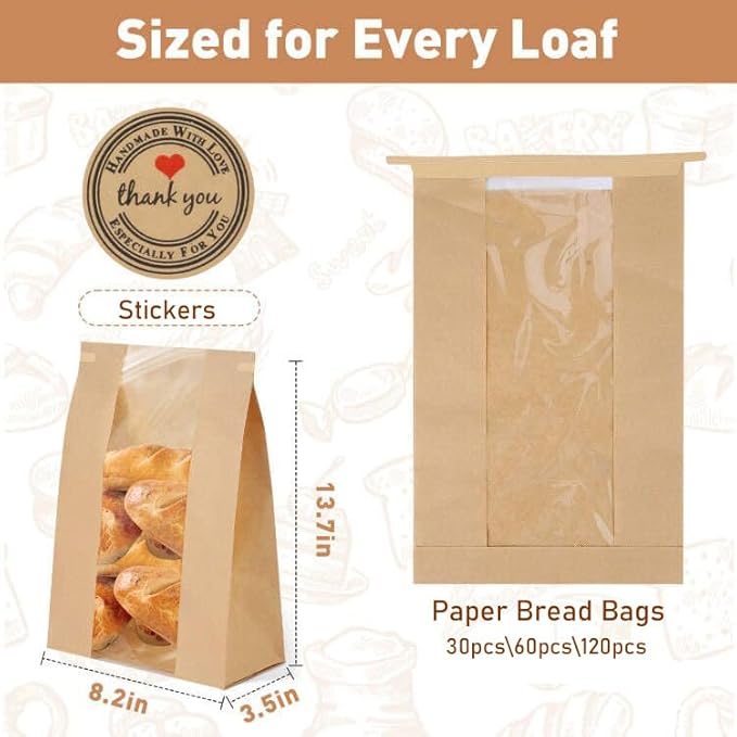 60-Pack Bread Bags for Homemade Bread Sourdough Bread Bags with Tin Tie Tab Lock, Kraft Paper Bakery Bag with Window and Label Seal Stickers for Packaging Baked Food Bread Storage (13.7''x8.2''x3.5'')