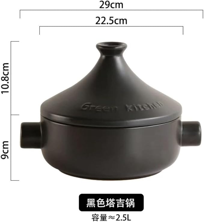 Tagine Moroccan Pot 2.5l Tajine Cooking, Enameled Ceramic Lid Dish Large Capacity, Cone Shaped Lid, Cookware Gift (Black)