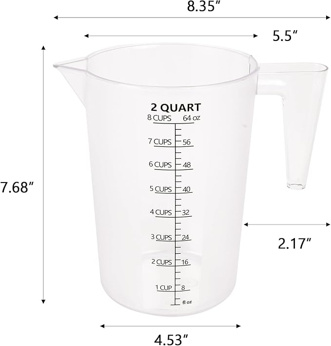 Food-Grade Plastic Measuring Pitcher – 64 Ounce & 8 Cups Measuring Cups with Handle for Liquid, Motor Oil, Pool & Lawn Chemicals, Dilution, Soap Mixing, Brewing, Commercial & Kitchen Use(2000ml)